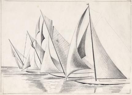 Arnold Ronnebeck, "Sailboats", mixed media, circa 1932-36 original vintage signed drawing colorado artist