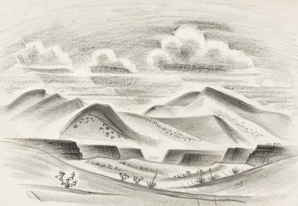 Arnold Ronnebeck, "Northern New Mexico", mixed media, circa 1927, vintage, drawing, landscape, new mexico, clouds, mountains, butte, black, white, 1920s, modernist