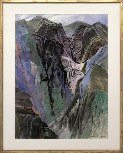 Ethel Magafan, "Rising Moon" vintage painting for sale, Colorado Mountain Landscape, watercolor, 1975, buy regional art, broadmoor academy