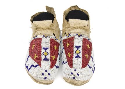 Cheyenne Moccasins for sale, antique, Plains Indian, native american, art, Beadwork, Beaded, 19th century, 1880, buffalo tracks, cross, red, white-heart, yellow, blue, white, hide, vintage, authentic, clothing