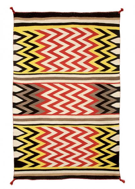 Vintage Navajo rug, for sale, area rug, 1930s, trading post, southwestern, zig-zag, stripes, wool, white, ivory, brown and black, aniline dyed, red, yellow