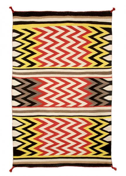 Vintage Navajo rug, for sale, area rug, 1930s, trading post, southwestern, zig-zag, stripes, wool, white, ivory, brown and black, aniline dyed, red, yellow