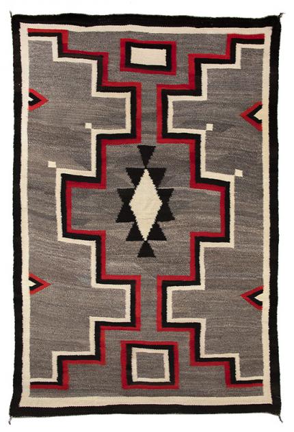 vintage navajo rug for sale, crystal trading post, pan-reservation, transitional, 19th century, floor, area, textile, weaving, gray, brown, tan, cream, white, ivory, black, red