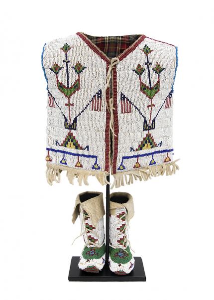 Antique, Sioux, Plains, Beadwork, Childs Outfit, Infant Beaded Vest, High Top Moccasins, native american, indian, american indian, pictorial, 19th century, flags, bead, hide, fringe, white, red, blue, yellow, green 