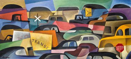 William Sanderson oil painting for sale, cars, Traffic Jam, vintage, circa 1955, orginal modernist art