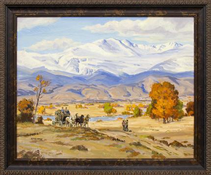 Alfred Wands, Stage Coach, Colorado Mountain Landscape, vintage oil painting for sale, autumn trees, river, snow, mountains, horses, cowboys, western, traditional