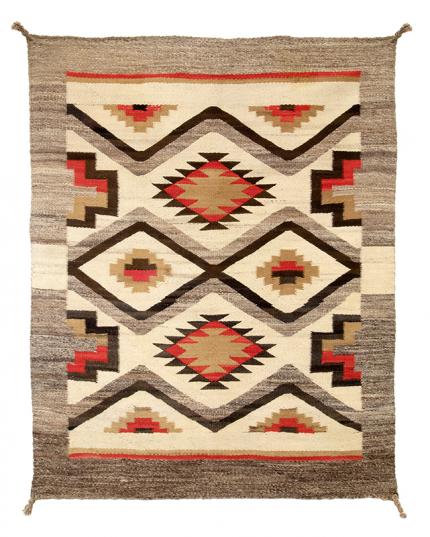 Navajo Rug for sale, area rug, vintage, trading post, antique, 1940s, diamond, gray, ivory, dark brown and camel, beige, tan, red, floor, wall