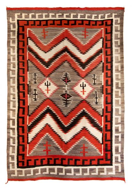 vintage Navajo Rug, Trading Post Rug, circa 1940, red, white, ivory, gray, brown, textile, weaving, area rug, for sale, old, antique, southwestern, arizona, new mexico, cabin, ranch, house