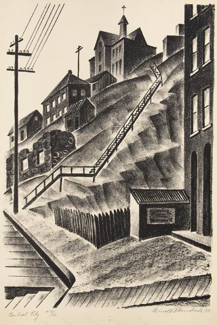Arnold Ronnebeck, Central City, Colorado, lithograph, 1933, mining, colorado, ghost town, mountain landscape, architecture, power line, house, modernist, wpa era, art for sale, black and white