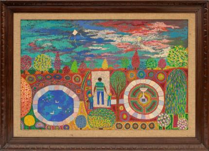 Edward Marecak, Artist with his Sons, Park, Denver, Colorado, painting, abstract, oil, circa 1980, figural abstraction, modern, city park, Fine art, art, for sale, buy, purchase, Denver, Colorado, gallery, historic, antique, vintage, artwork, original, authentic