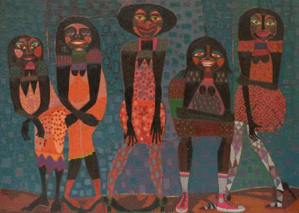 Edward Marecak, Untitled (Five Women), oil, painting, 1960s, 1970s, 1980s, african american, black, women, female, figurative, teal, red, pink, green, blue, cubist, figure,Fine art, art, for sale, buy, purchase, Denver, Colorado, gallery, historic, antique, vintage, artwork, original, authentic 