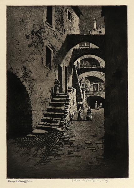 George Elbert Burr, Street in San Remo, Italy, aquatint etching, circa 1905, engraving, fine art, for sale, denver, gallery, colorado, antique, buy, purchase