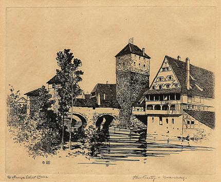 George Elbert Burr, Henkersteg, Nuernberg , Henkersteg Bridge, Nuremburg, Germany, etching, circa 1905, engraving, fine art, for sale, denver, gallery, colorado, antique, buy, purchase