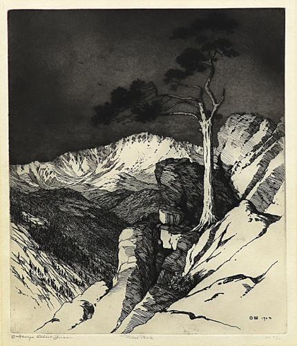 George Elbert Burr, Pikes Peak , Colorado, etching, circa 1922, engraving, fine art, for sale, denver, gallery, colorado, antique, buy, purchase