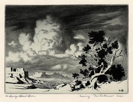 George Elbert Burr, Evening, Painted Desert, Arizona, etching, circa 1925, engraving, fine art, for sale, denver, gallery, colorado, antique, buy, purchase