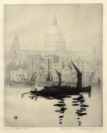 George Elbert Burr, Misty Day, Paul's Wharf, London, etching, circa 1905, engraving, fine art, for sale, denver, gallery, colorado, antique, buy, purchase