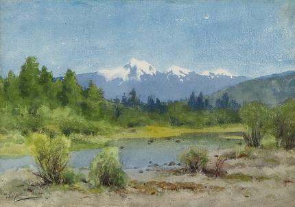Charles Partridge Adams, Colorado Mountain Landscape with River, watercolor, 1895, 19th century art for sale, vintage gallery denver