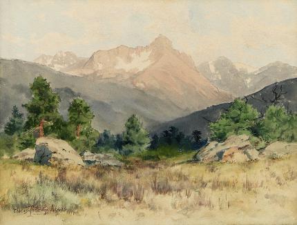 Charles Partridge Adams, Longs Peak and Mt. Meeker from Estes Park, Colorado, vintage painting for sale, watercolor, 1897, 19th century art, gallery denver