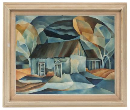 Alice Seely, Adobe Home, New Mexico, oil, painting, Vintage, Fine art, for sale, purchase, gallery, museum, Denver, Colorado, consign, woman, female, artist, modern, modernist, house, trees, landscape, blue, gray, gold, brown