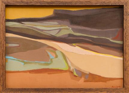Ann Sink, "Desert Landscape", acrylic, 1960, painting, landscape, southwest, modernist, modern, abstract, brown, orange, red, purple, green, earth tone, woman, artist, Fine art, art, for sale, buy, purchase, Denver, Colorado, gallery, historic, antique, vintage, artwork, original, authentic, new mexico, arizona