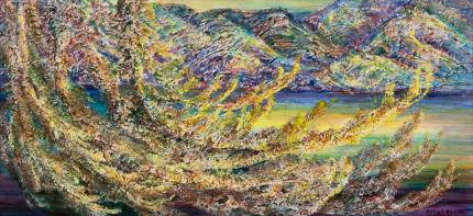 Anna Keener, Sunlight, New Mexico, painting, landscape, circa 1960, midcentury, acrylic, polymer, woman artist, anna elizabeth keener, impressionist, Fine art, art, for sale, buy, purchase, Denver, Colorado, gallery, historic, antique, vintage, artwork, original, authentic 