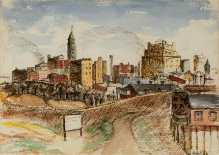 Eunice Katz, painting, Denver Skyline, 1951, 1950s, watercolor, graphite, modernist, architecture, architectural, cityscape, modern, , Fine art, for sale, vintage, original, historic, antique, gallery, art, Denver, colorado, jewish, woman, woman artist, female