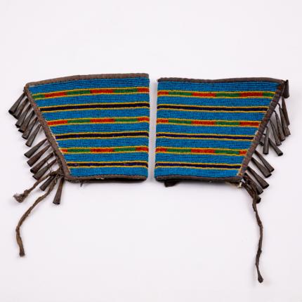 Cuff, Crow, gauntlet, bead, beaded, beadwork, hide, leather, tin cone, tinkler, plains, plains indian, 1880, blue, Native American, American Indian, 19th century, Fine art, art, for sale, buy, purchase, Denver, Colorado, gallery, historic, antique, vintage, artwork, original, authentic, north American indian