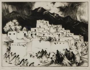 Gene Kloss, Alice Geneva Glasier, Ceremonial Day at Taos, New Mexico, landscape, pueblo, adobe, native american, taos indian, etching, 1953, 1950s, print, black, white, Fine art, art, for sale, buy, purchase, Denver, Colorado, gallery, historic, antique, vintage, artwork, original, authentic 