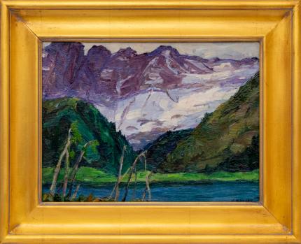 Nellie Knopf, "In Glacier Park" Lake, Glacier National Park, Montana, oil, painting, vintage, 1920s, original, landscape, woman, female, artist, art, for sale, purchase, gallery, denver, Colorado