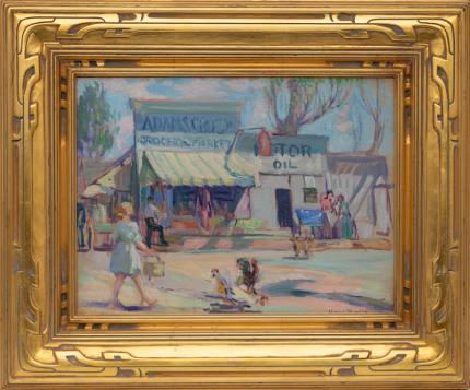 Lloyd Moylan, Adams Crossing, Colorado Springs, Colorado, oil, painting, street, city, figurative, modernist, vintage, 1930s, 1940s, broadmoor art academy, gallery, for sale, purchase, denver, original