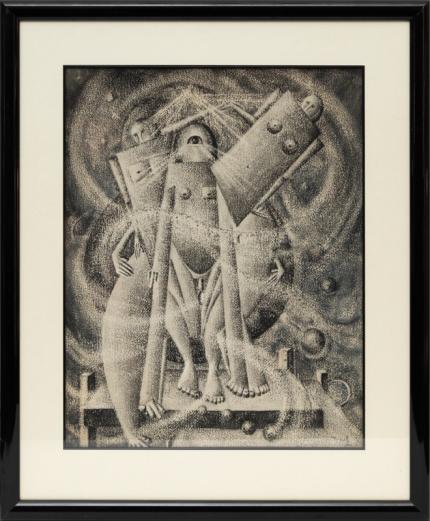 Charles Bunnell, painting, Birth of Mind, Black & Blue Series, gouache, 1941, 1940s, modern, modernist, abstract, figural, futurist, futurism, Fine art, for sale, vintage, original, historic, antique, gallery, art, Denver, Colorado, broadmoor academy, colorado springs fine arts center, charles ragland bunnell