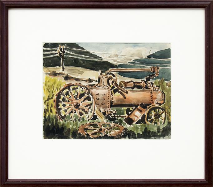 Kathleen Vavra, Colorado mountain landscape painting, for sale, antique Tractor, field, power line, grass, watercolor, circa 1930-1950, denver artists guild, 