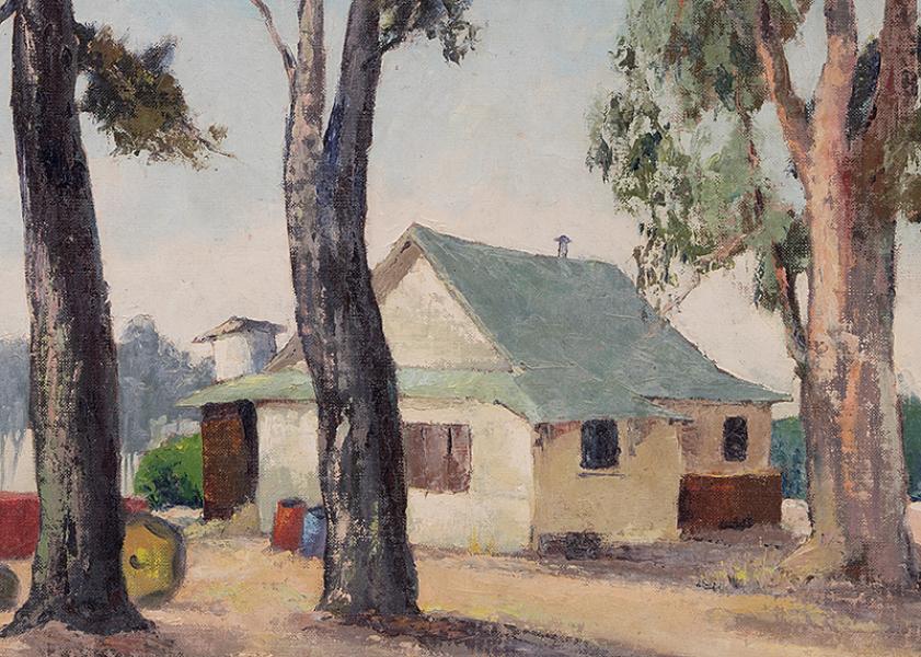Jon Blanchette, Capitola, Used To Be Airfield (California), oil painting, circa 1950, original framed painting, original oil painting, california landscape painting, framed california landscape, california farm landscape
