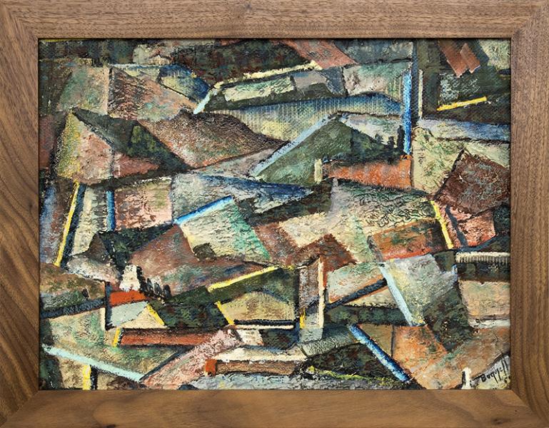 Charles Bunnell, oil painting for sale, Abstract Mountain Mining Town, oil painting, 1954, mid-century modern, broadmoor art academy, colorado springs