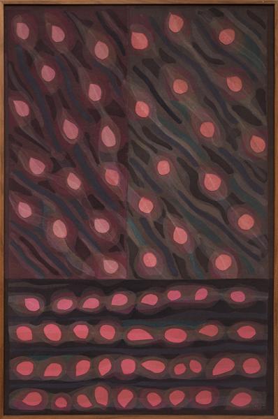 Margo Hoff, Floating Blossom, vintage oil painting for sale, 1980s, woman artist, chicago, abstract art, female, red, pink, black, framed