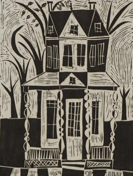 Edward Marecak, haunted house, woodcut, Woodblock, circa 1940, 1950, 1960, 1970, black, white, print,  Vintage, Fine art, for sale, purchase, gallery, museum, Denver, Colorado, consign, midcentury, mid century, mid-century, modern, black, white, house, landscape, tree, modernist