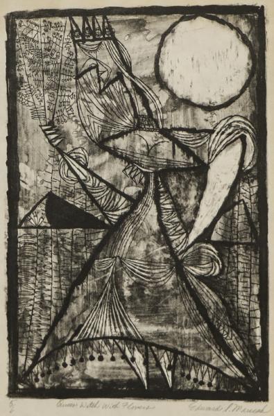 Edward Marecak, Queen With Flowers, woodcut, Woodblock, circa 1940, 1950, 1960, 1970, black, white, print,  Vintage, Fine art, for sale, purchase, gallery, museum, Denver, Colorado, consign, midcentury, mid century, mid-century, modern, figurative, figure, female, woman, geometric, flower
