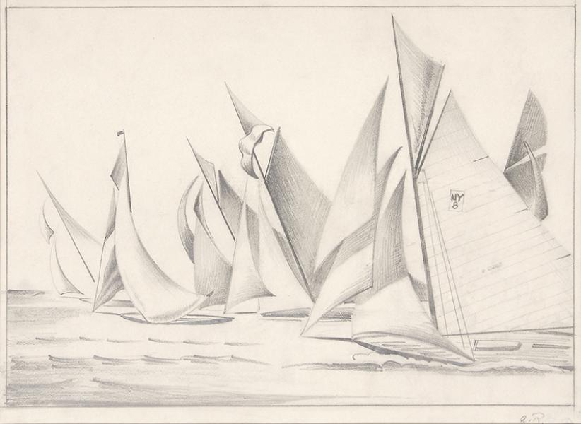 Arnold Ronnebeck, Boat Races, crayon, graphite, drawing, painting, circa 1932-36, sailboat, sailing, marine, coastal, nautical, art for sale, black, white, gray, vintage art