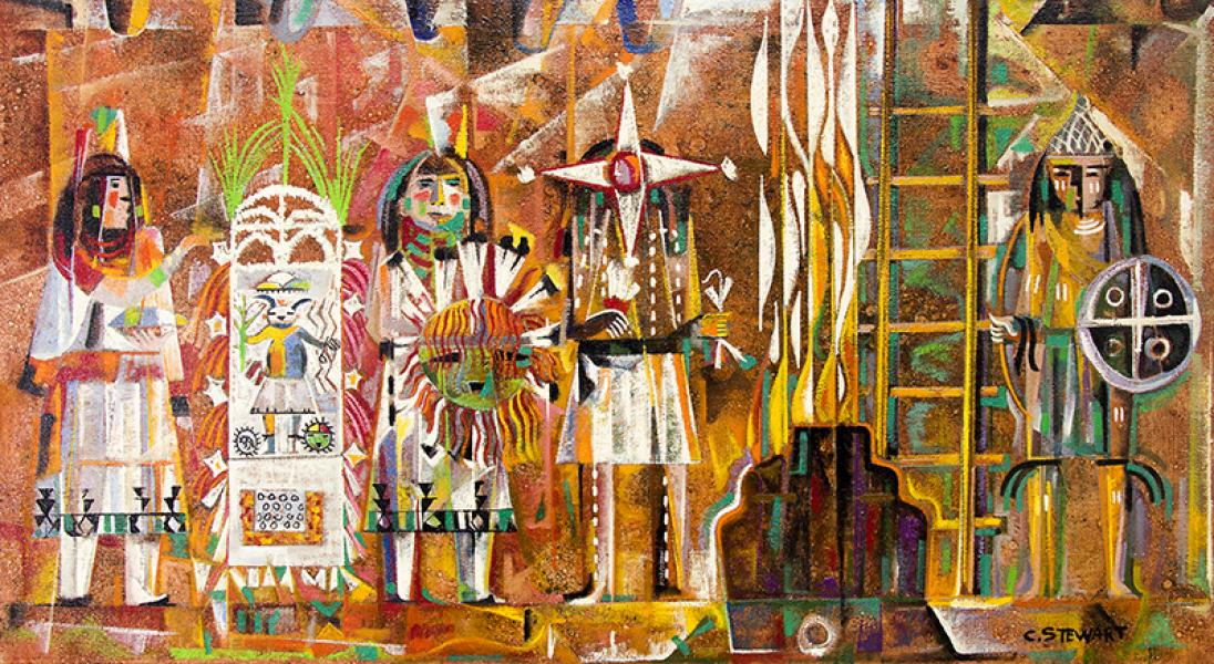 Charles C. Stewart, original painting, The Warrior and the Star Precedes the Sun, Pueblo Indian, Native American, Hopi, Ceremony, 