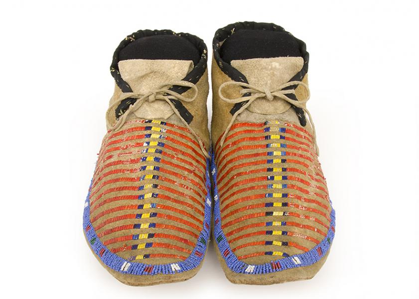 Antique Moccasins, Sioux, Plains Indian, circa 1875, bead, quill, vintage, late classic period, red, blue, yellow, green, ribbon, hide, buckskin, authentic, for sale