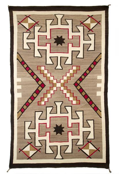 Navajo Rug, Trading Post, vintage, 1930s, geometric pattern in white/ivory, black/brown and aniline-dyed red, wool area rug