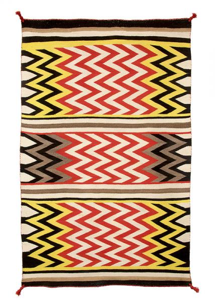 Vintage Navajo rug, for sale, area rug, 1930s, trading post, southwestern, zig-zag, stripes, wool, white, ivory, brown and black, aniline dyed, red, yellow