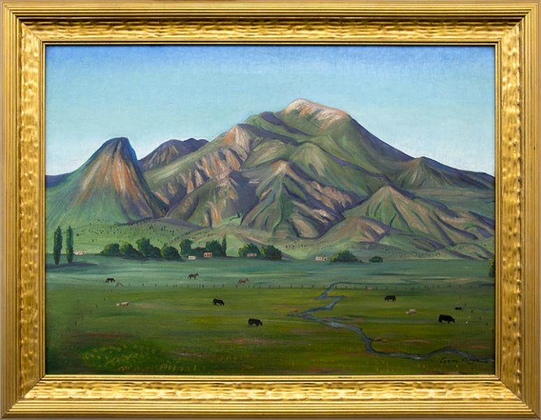 Gene Kloss, vintage oil painting for sale, woman artist, 20th century, Adobes and Horses and Cattle, Mountain Landscape, Springtime, New Mexico, Alice Geneva Glasier