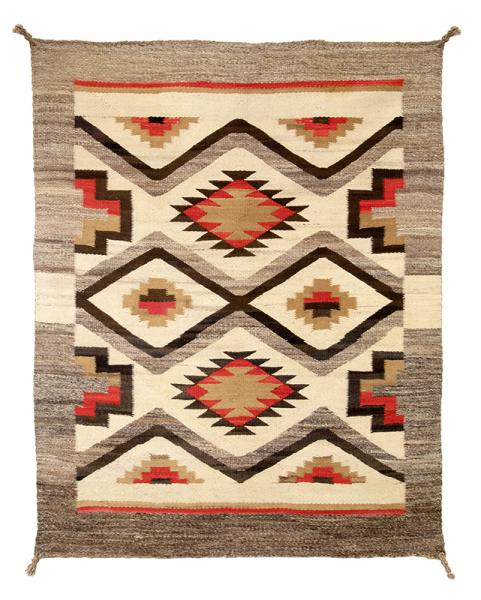 Navajo Rug for sale, area rug, vintage, trading post, antique, 1940s, diamond, gray, ivory, dark brown and camel, beige, tan, red, floor, wall  