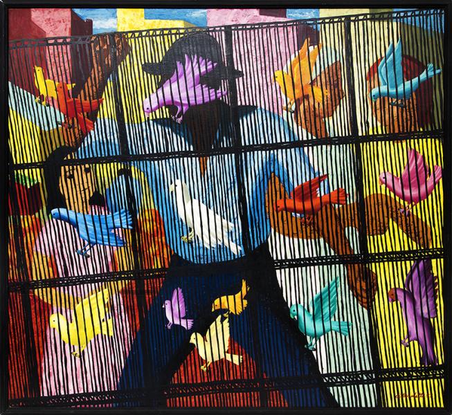 Angelo Di Benedetto, Birdcage, oil painting, for sale, 1957, midcentury, mid-century, modern, art, red, yellow, blue, black, pink, purple, turquoise, brown