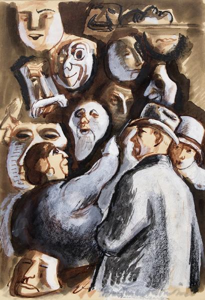 Boardman Robinson, The Vendor of Masques, figurative painting, modernist, wpa era, regionalist, american scene