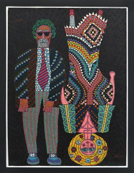 Edward Marecak, Two Figures in the Upside Down World, acrylic, painting, man, woman, 1990, modern, Art, for sale, Denver, Colorado, gallery, purchase, vintage