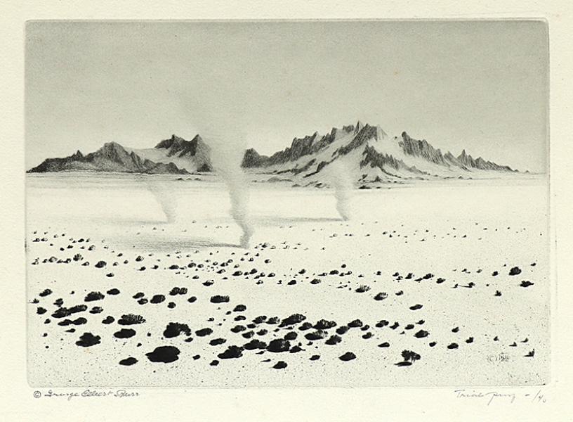 George Elbert Burr, Whirlwinds, Mojave Desert, California , Desert Set, etching, circa 1921, engraving, fine art, for sale, denver, gallery, colorado, antique, buy, purchase