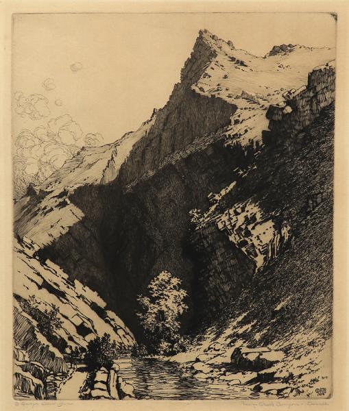 George Elbert Burr, Bear Creek Canyon, Denver , Colorado, etching, circa 1922, engraving, fine art, for sale, denver, gallery, colorado, antique, buy, purchase