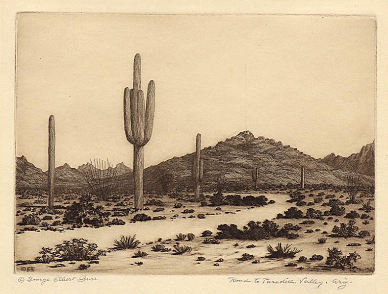 George Elbert Burr, Road to Paradise Valley, Arizona, etching, circa 1925, engraving, fine art, for sale, denver, gallery, colorado, antique, buy, purchase